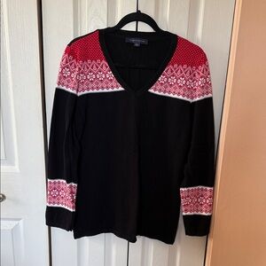 Tommy Hilfiger Black V-Neck Sweater with Red and White Pattern